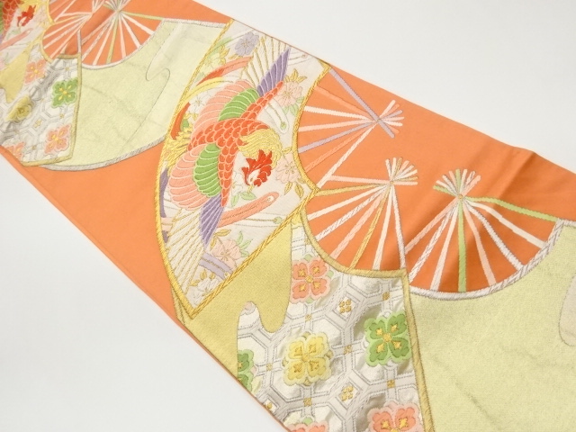 扇に花鳥模様織出し袋帯